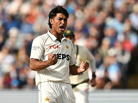 Pakistan's Razaullah celebrates after dismissing England's Joe Root (not pictured) on day one of the third test match between England and Pakistan at Edgbaston cricket ground in Birmingham, central England, on September 9, 2026.