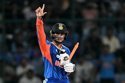 India's Abhishek Sharma celebrates after scoring a half-century (50 runs) during the first T20 international cricket match between India and Afghanistan at the Arun Jaitley Stadium in New Delhi on September 13, 2026.