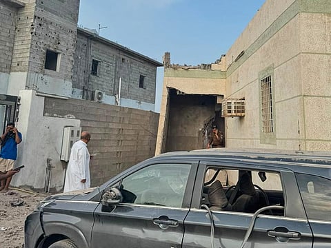 This photo provided by the Saudi Press Agency shows damage to a building after a projectile fell in Al Tawwal, Jazan, Saudi Arabia, on the southern border with Yemen, on Saturday, September 12, 2026.