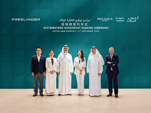 Matar Humaid Al Tayer (third left), Vice-Chairman; Saeed Humaid Al Tayer (second right), MD; and Ashok Khanna (right), CEO; Mona Sadoun (second left), Vice President, Customer Experience & Marketing, from Al Tayer Motors and Premier Motors, with Lucia Mao (third right), CEO, FREELANDER International; and Andrew Ding (left), Country Director, FREELANDER, at the signing.