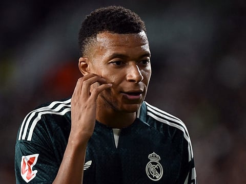 Real Madrid's Spanish forward #10 Kylian Mbappe reacts during the Spanish league football match between Elche CF and Real Madrid CF at Martinez Valero Stadium in Elche on September 15, 2026.