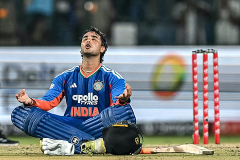India's Abhishek Sharma celebrates after scoring a century (100 runs) during the third T20 international cricket match between India and Afghanistan at the Arun Jaitley Stadium in New Delhi on September 17, 2026.