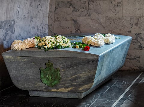 The sarcophagus of Norway's late King Harald V is seen in the crypt of the palace church in Oslo, Norway, on September 18, 2026.