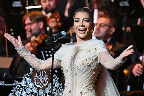 Syrian singer Assala Nasri performs during her concert - held after a 15-year hiatus - at the Al-Fayhaa Sports City in Damascus on September 17, 2026.