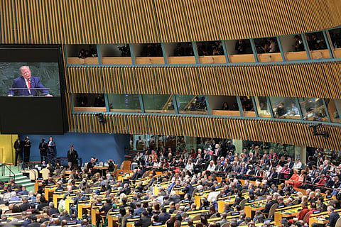 President Donald Trump is seen speaking on a screen during the 81st session of the United Nations (U.N.) General Assembly at U.N. Headquarters on September 22, 2026 in New York City.