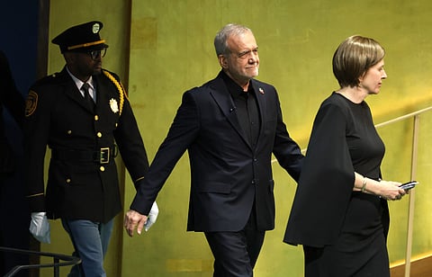 Iran's President Masoud Pezeshkian arrives to speak during the 81st United Nations General Assembly at the United Nations Headquarters in New York, on September 23, 2026.