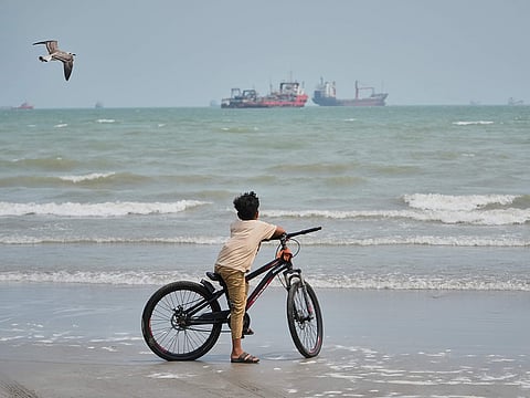 A gull flies overhead as a boy stands with his bicycle on a beach overlooking commercial vessels anchored in the Strait of Hormuz off Bandar Abbas, Iran.