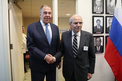 Russia's Foreign Minister Sergei Lavrov (L) shakes hands with Lebanon’s Prime Minister Nawaf Salam (R) during their meeting on the sidelines of the 81st United Nations General Assembly in New York, on September 24, 2026.