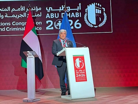 Pakistan Ambassador Shafqat Ali Khan speaking at the 15th United Nations Congress on Crime Prevention and Criminal Justice in Abu Dhabi.