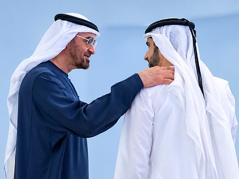 President His Highness Sheikh Mohamed bin Zayed Al Nahyan and Sheikh Hamdan bin Mohammed bin Rashid Al Maktoum, Crown Prince of Dubai, Deputy Prime Minister, Minister of Defence and Chairman of the Executive Council of Dubai.