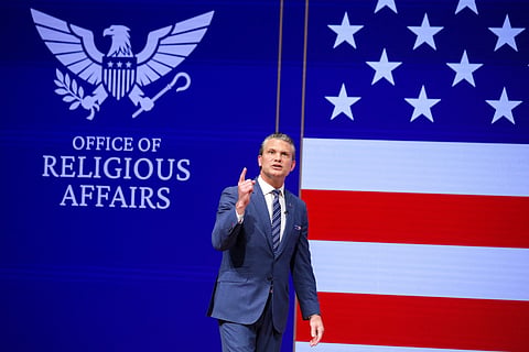Secretary of War Pete Hegseth announces a new Office of Religious Affairs as he gives a State of the Force address at Marine Corps Base Quantico on September 30, 2026 in Quantico, Virginia.