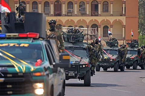 Members of the Iraqi security forces, participate in a military parade marking the withdrawal of the US-led coalition from Iraq, in Baghdad on September 30, 2026.