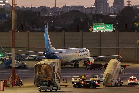 A flydubai Boeing 737 MAX 8 aircraft is pictured on the tarmac after landing at Israel's Ben Gurion Airport in Lod on September 30, 2026.