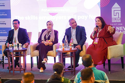 Prof. Sathish Kannan, Dean - School of Engineering, Architecture and Interior Design, Amity University Dubai, Dr. Riham Ahmed Ibrahim, Associate professor and Chairperson in-charge of Pathology Department, RAKMHSU, American School of Dubai, Dr. Kulangara Jacob Johnson, Director of the Center for Design & Innovation for Public Purpose and Amanda Fernandes, Manager - Centre for Careers and Employability, Middlesex University Dubai during a panel discussion on the second day of Gulf News Edufair Dubai 2026