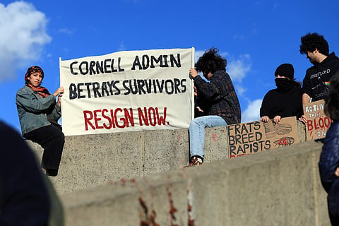 Hundreds of Cornell students participate in a rally against the university’s actions after a student was sexually assaulted at a campus fraternity in 2024, on October 5, 2026 in Ithaca, New York.