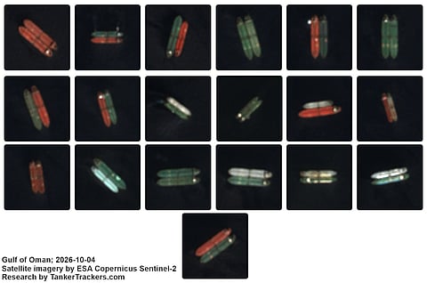 The European Space Agency’s (ESA) Sentinel-2, high-resolution imagery satellite, captured a surge in ship-to-ship transfers off Oman and Fujairah in the UAE on October 4, 2026.