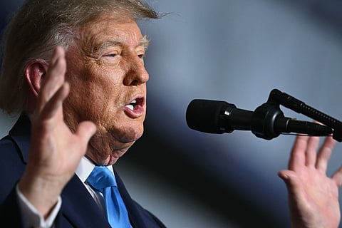US President Donald Trump speaks during a campaign rally at Pinnacle Bank Expo Center in Grand Island, Nebraska, on October 5, 2026.