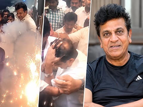 Kannada actor Shiva Rajkumar during a firecracker mishap at a promotional event for his film ‘Bail’ in Chitradurga, Karnataka.