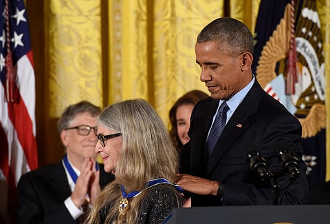 US President Barack Obama presents mathematician and computer scientist Margaret Hamilton with the Presidential Medal of Freedom, the nation's highest civilian honor, during a ceremony honouring 21 recipients, in the East Room of the White House in Washington, DC, November 22, 2016.