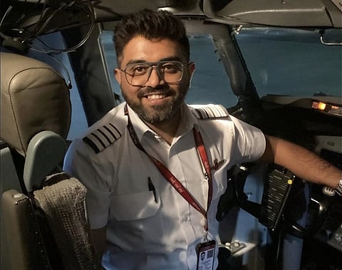 An undated photo shows Indian Capt. Smit Machchhar in the cockpit of a plane in an unknown location. Machchhar was at the controls of a flydubai flight FZ1073 that was diverted to Tabuk in northwestern Saudi Arabia for an emergency landing on Wednesday, Sept. 30, 2026.