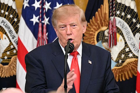US President Donald Trump speaks during a Columbus Day celebration in the East Room of the White House in Washington, DC, on October 9, 2026.