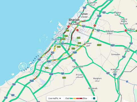 Commuters heading towards Sharjah are advised to check live traffic updates, with Emirates Road appearing clearer than the main highways.