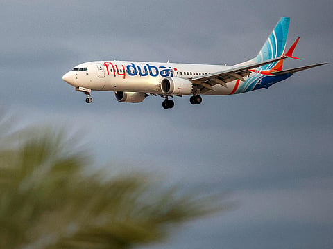 The flydubai Boeing 737 MAX 8 aircraft prepares for landing at Israel's Ben Gurion Airport in Lod on September 30, 2026.