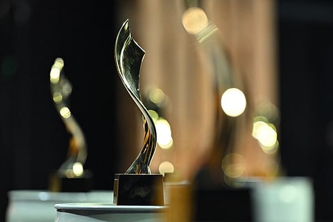 Trophies are displayed during the award ceremony of the 2026 edition of the "Prix Bayeux Calvados-Normandie of the war correspondants", in Bayeux, northwestern France, on October 10, 2026.