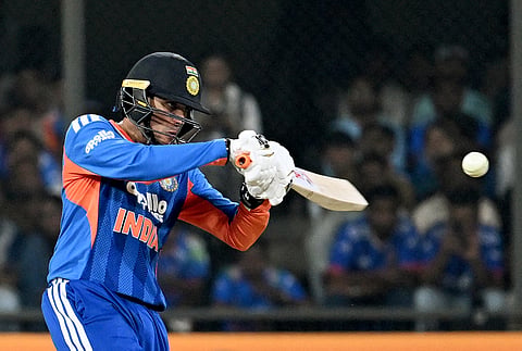 India's Abhishek Sharma plays a shot during the 3rd T20I against West Indies at Holkar Stadium, in Indore on Sunday.