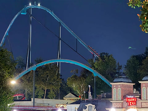A roller coaster is shown at Six Flags over Georgia on Monday, Oct. 12, 2026 in Austell, Georgia.