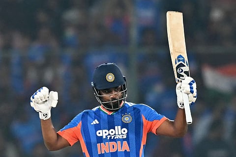 India's Sanju Samson celebrates after scoring a half-century (50 runs) during the fourth T20 international cricket match between India and West Indies at the Rajiv Gandhi International Stadium in Hyderabad on October 14, 2026.
