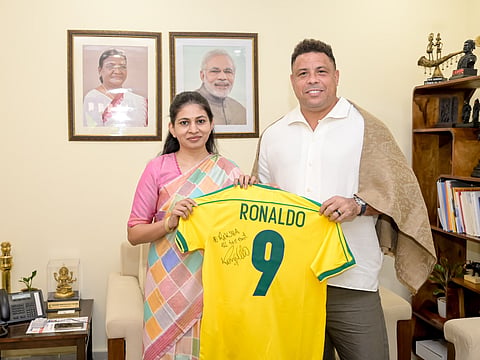 Ronaldo was greeted in New Delhi by India sports minister Raksha Khadse