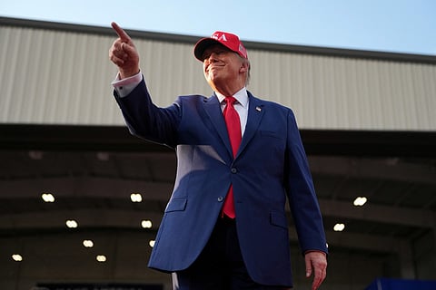 President Donald Trump departs a campaign rally at Dalton Municipal Airport on October 16, 2026 in Dalton, Georgia.