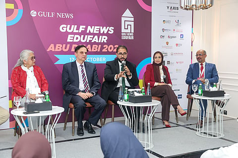 Moderator Lachlan Kitchen, Dr. Anita Patankar, Executive Director, Symbiosis International University Dubai, Dr. Umesh Kothari, Assistant Dean GMBA/MGB/GCGM and Assistant Professor, S P Jain School of Global Management, Dr. Vishnu Nair, Program Director (LLM) and Assistant Professor at the College of Law, University of Dubai, Dr. Riham Ahmed Ibrahim, Associate professor and Chairperson in-charge of Pathology Department, RAKMSHU and Dr. Mohamed Baraka, Vice President Dubai Campus, Batterjee Medical College – Dubai during a panel discussion on the opening day of Gulf News Edufair Abu Dhabi.