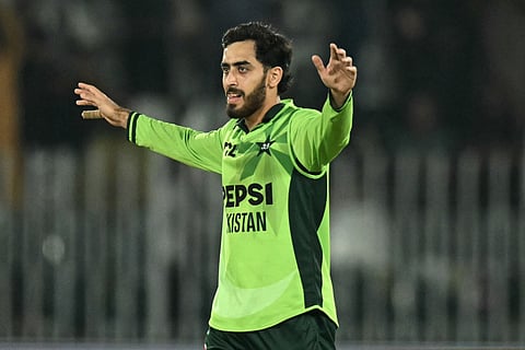 Pakistan's Arafat Minhas celebrates after taking his fifth wicket to dismiss England's Will Jacks during the one-day international (ODI) tri-series cricket match between Pakistan and England at the Rawalpindi Cricket Stadium in Rawalpindi on October 20, 2026.