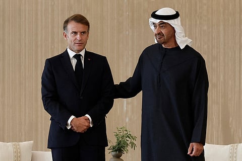 France's President Emmanuel Macron (L) and UAE President Mohamed bin Zayed Al Nahyan attend a signing ceremony for bilateral defence agreements at Zayed International Airport in Abu Dhabi on October 20, 2026.