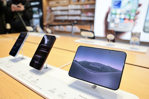 The iPhone Duo is seen on display during the iPhone Duo launch at the Apple Fifth Avenue store on October 23, 2026 in New York City.