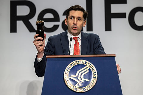 In this image provided by the US Department of Agriculture, Calley Means, senior advisor for the US Department of Health and Human Services, delivers remarks at HHS Headquarters in Washington, Feb. 11, 2026.