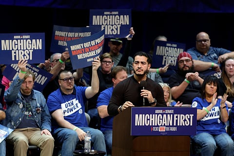 Michigan Democrat senatorial candidate Abdul El Sayed speaks at a midterm campaign rally in Grand Rapids, Michigan on October 25, 2026.