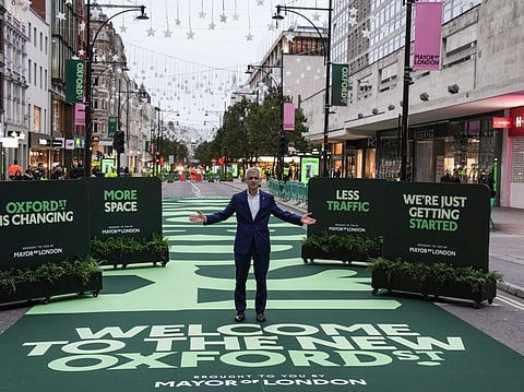 London Mayor Sadiq Khan attends the opening ceremony for a section of one of Britain's most famous shopping streets, Oxford Street, as it goes permanently traffic-free for the first time in central London on October 26, 2026.