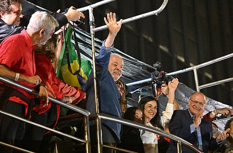 Brazil's President and presidential candidate Luiz Inacio Lula da Silva gestures to supporters after winning the presidential runoff election in Sao Paulo, Brazil, on October 26, 2026.