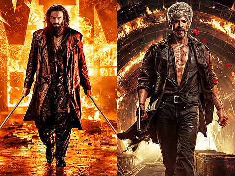 A combination image shows Ranveer Singh in Dhurandhar: The Revenge (left) and Shah Rukh Khan in King (right), with both actors sporting rugged looks against fiery backdrops.