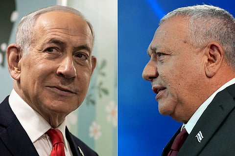 This combination of pictures created on October 28, 2026, shows Prime Minister Benjamin Netanyahu (L) speaking to the media after voting in Jerusalem on October 27, 2026, and Yashar party leader Gadi Eisenkot addressing his supporters at the election night rally in Tel Aviv early on October 28, 2026.