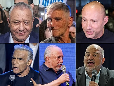 Clockwise from top left: Gadi Eisenkot, Yair Golan, Naftali Bennett, Mansour Abbas, Avigdor Lieberman, and Yair Lapid.