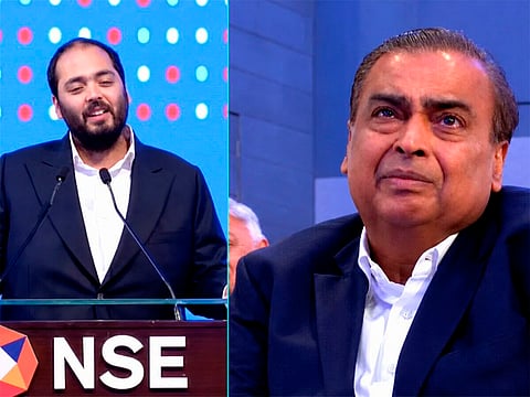 Reliance Industries Chairman Mukesh Ambani gets emotional as his son Anant Ambani delivers a heartfelt speech during the Jio Platforms listing ceremony at the National Stock Exchange (NSE) on Wednesday.