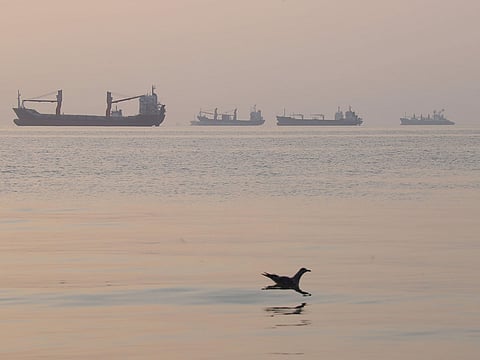Cargo ships lie at anchor in the Strait of Hormuz off Bandar Abbas, Iran.