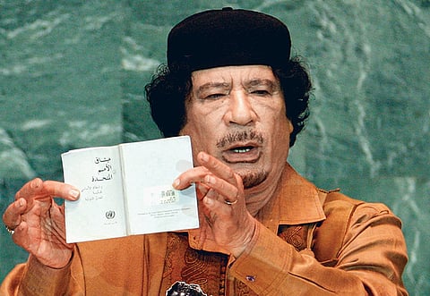 Libyan leader Muammar Gaddafi addresses the 64th
United Nations General Assembly at the UN headquarters in New York yesterday.