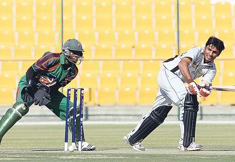 Arfan Haider of UAE plays a stroke during the ICC World Twenty20 Qualifier against Kenya.