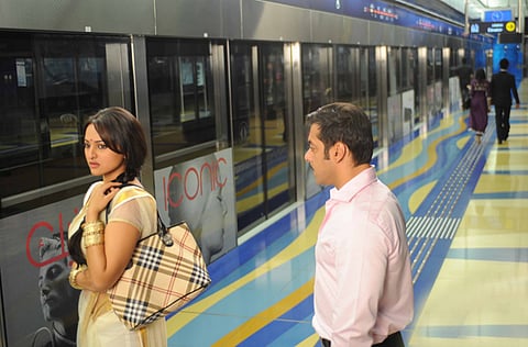 Sonakshi Sinha and Salman Khan filming a song sequence in Dubai Metro