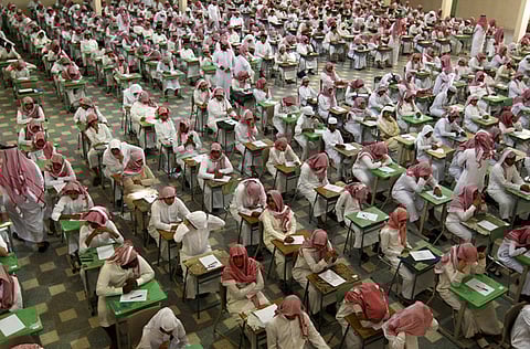 Secondary school students sit for an exam at the Abu Baker Al Arabi government school in Riyadh.